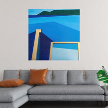  Adorn your space with this mesmerizing art print, where the harmonious blend of geometric shapes and bold colors transports you to a serene landscape. The artwork captures the essence of modern minimalism, featuring architectural elements painted in rich hues of blue and green that contrast beautifully against each other.