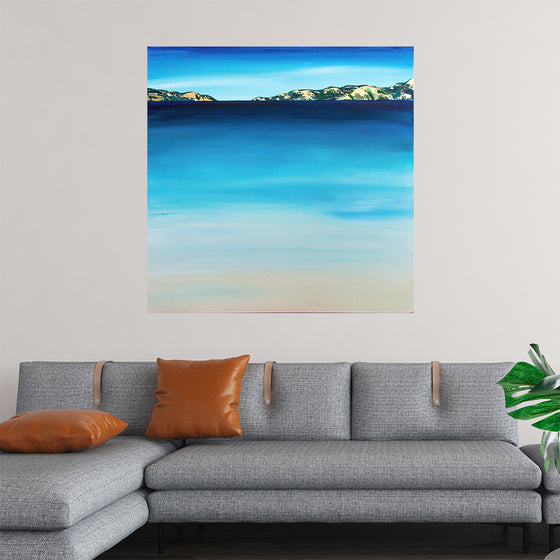 Immerse yourself in the tranquil harmony of nature with this exquisite artwork. The print captures serene waters painted in a mesmerizing gradient of azure and cerulean hues, evoking a sense of peace and stillness. In the distance, gentle hills adorned with lush greenery stand as silent witnesses to the dance of colors unfolding before them. 