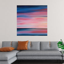 This captivating abstract print is a visual symphony of blurred horizontal lines, dancing in a spectrum of colors from the deep blues of twilight to the vibrant pinks of dawn, and calming whites of a peaceful day. The fluidity of the brushstrokes evokes a sense of movement, painting a picture of a serene sunset over a tranquil sea or the gentle transition between night and day.