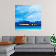  This captivating print of a serene landscape is a gateway to tranquility and natural beauty. The artwork, with its vibrant blue sky textured with brushstrokes, mimics the ever-changing dance of clouds, adding depth and movement.
