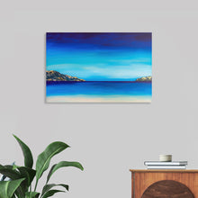  Immerse yourself in the serene beauty of this exquisite artwork—a print that captures the tranquil allure of a secluded bay. The harmonious blend of azure and cerulean blues paints a calm, expansive sea, bordered by gentle hills basking under the soft embrace of the sky. 