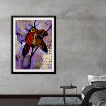  “Ladybug Little Wing” by Ky Colquhoun invites you into a mystical world where nature’s simple beauties come alive. This mesmerizing print captures the delicate dance of a ladybug in flight, its wings partially open, revealing intricate patterns. Against a backdrop of ethereal designs in shades of purple, gold, white, and black, the ladybug stands out vibrantly. 