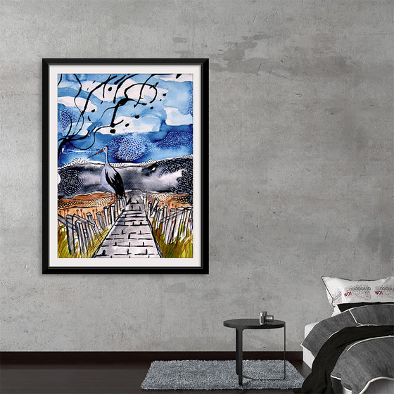 Immerse yourself in the serene beauty of this exquisite artwork, now available as a premium print. A majestic crane stands poised on a rustic wooden pier, surrounded by the tranquil embrace of nature. The intricate dance of ink and watercolors brings to life a scene where the sky kisses the earth, and every brushstroke tells a story of harmony and balance. This piece is not just art; it’s an experience that transports you to a world where elegance and wild beauty coexist.