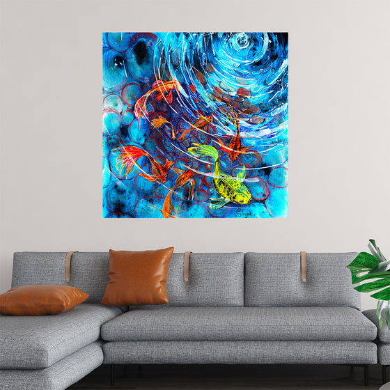 Dive into the mesmerizing depths of “Candy Fish,” a limited edition print by artist Marina Strijakova. In this vibrant masterpiece, ethereal koi fish dance gracefully amidst swirling waters, their scales glistening with every hue of the rainbow. Each brushstroke captures the fluidity and elegance of their movement, immersing the viewer in a world where art and nature converge. 