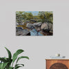 Immerse yourself in the serene beauty of nature with this exquisite print of an original artwork. The piece captures a tranquil scene of a gentle stream, its waters flowing gracefully around an arrangement of rocks and stones. The meticulous detail in the painting brings to life the textures of the rocks and the movement of water, while the surrounding foliage, depicted in lush greens, adds depth and vibrancy.