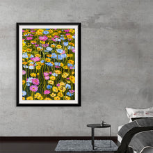  "Wall of Flowers" invites you to step into a vibrant meadow where colors sing and tranquility reigns. Imagine a canvas alive with blossoms—each brushstroke a celebration of life. Dark green stems cradle petals of radiant yellow, passionate pink, and calming blue. There’s no horizon here, only an immersive sea of flowers. Their vivid hues burst forth, a symphony against the backdrop. 
