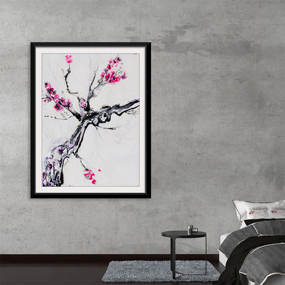 This exquisite print captures the ethereal elegance of a blossoming cherry tree. The dark, twisted branches sprawling across the canvas are adorned with vibrant pink blossoms, symbolizing the enduring grace that flourishes amidst adversity. The minimalist white background ensures the tree stands out prominently, while the expressive brush strokes add texture and depth. 