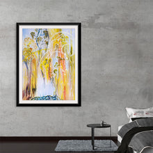  Immerse yourself in the ethereal beauty of this exquisite artwork, a print that promises to breathe life and color into any space. The piece captures the enigmatic dance of slender trees, their branches swaying gracefully against a backdrop painted with tender strokes of yellows, oranges, and whites. Every brushstroke tells a story of nature’s silent sonnet, where light cascades like waterfalls illuminating the serene landscape below.