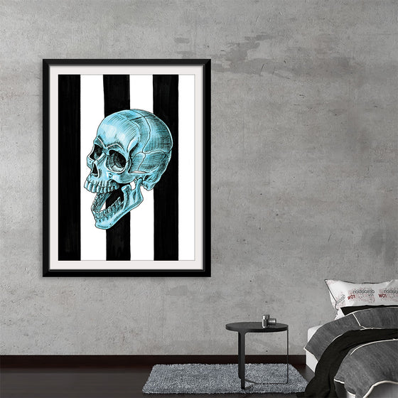 “Stripes” by Marta Tesoro is a mesmerizing piece that seamlessly combines the macabre and the elegant. The artwork features a meticulously detailed turquoise skull that appears to be both haunting and serene, set against bold black and white stripes, creating a striking contrast. Every intricate detail of the skull, from its hollow eyes to its perfectly formed teeth, is a testament to Tesoro’s masterful artistry.