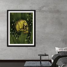  “Raindrops” by Marta Tesoro is a mesmerizing artwork that encapsulates the ephemeral beauty of life and death. The golden skull, meticulously detailed, emerges as a symbol of transient existence amidst the verdant backdrop adorned with enigmatic raindrops. Each drop, a narrative; each streak of green, a testament to life’s impermanent yet captivating allure.