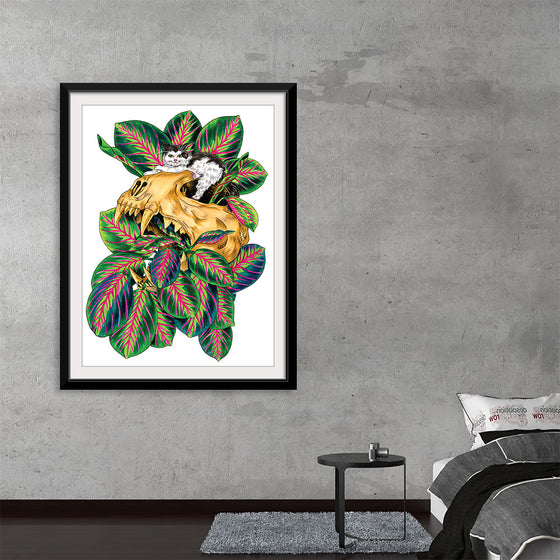 “Prayer Plant Cat” by Marta Tesoro is a mesmerizing artwork that captures the serene beauty of nature and the enigmatic charm of felines. In this exquisite print, a graceful cat, painted with lifelike precision, nestles amidst the vibrant leaves of a prayer plant. 