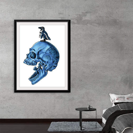 “Penguin” by Marta Tesoro invites you to a mesmerizing dance between mortality and imagination. Within this high-quality print, a meticulously detailed blue skull emerges, its hollow eyes and silent mouth whispering secrets of existence. 