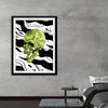 Dive into the captivating realm of contrasts with this striking art print. At its heart is a vibrant green skull, a symbol of life and death, rendered in exquisite detail against a backdrop of dynamic black and white waves. The waves, abstract and bold, create a sense of constant motion, enveloping the skull in a dance of life and death. 