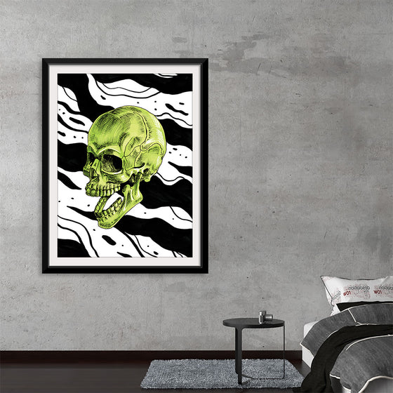 Dive into the captivating realm of contrasts with this striking art print. At its heart is a vibrant green skull, a symbol of life and death, rendered in exquisite detail against a backdrop of dynamic black and white waves. The waves, abstract and bold, create a sense of constant motion, enveloping the skull in a dance of life and death. 