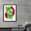 Unveil the mystery of life and death with this captivating art print. The centerpiece, a hauntingly serene green skull, is nestled amidst vibrant red flowers and lush green foliage, harboring a tiny, enigmatic geisha within its eye socket. Every detail in this artwork is meticulously crafted, from the realistic shadows and highlights on the skull to the intricate petal details on the flowers. 