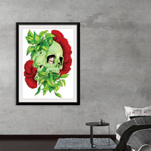  Unveil the mystery of life and death with this captivating art print. The centerpiece, a hauntingly serene green skull, is nestled amidst vibrant red flowers and lush green foliage, harboring a tiny, enigmatic geisha within its eye socket. Every detail in this artwork is meticulously crafted, from the realistic shadows and highlights on the skull to the intricate petal details on the flowers. 