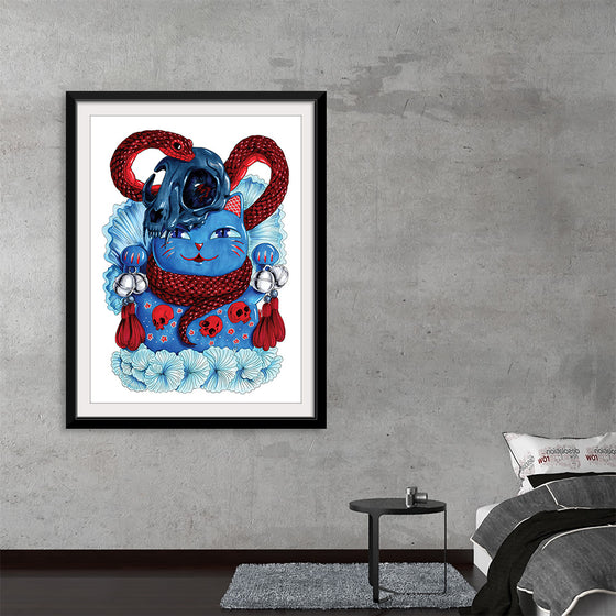 Immerse yourself in the mystical allure of this captivating art print. The central figure, a whimsical blue cat adorned with a dark mask, is encircled by a vibrant red snake, creating a striking contrast. The cat’s piercing eyes, accentuated by the dominant reds and calming blues, draw you into a realm of intrigue and imagination. 