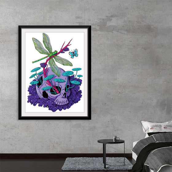 Dive into a world where the ethereal meets the enigmatic with this exclusive print! A mesmerizing dance of life and decay, where a vibrant dragonfly and delicate butterfly flutter above a haunting yet beautiful skull, enveloped in the lush embrace of purple flora. Every stroke captures the transient beauty of existence, making this artwork a compelling addition to any space seeking to provoke thought and captivate the soul.