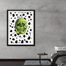  Immerse yourself in the enigmatic allure of this exclusive art piece, now available as a limited edition print. At its heart is a vivid green skull, a symbol of life’s transient nature, rendered with exquisite detail. It is set against a backdrop adorned with abstract black splotches, evoking a sense of chaotic beauty. This artwork promises to be not just a visual spectacle but also a conversation starter that adds an edgy yet sophisticated touch to any space.