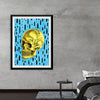 This striking artwork, available as a print, seamlessly marries the macabre and the mesmerizing. At its center is a meticulously detailed golden-hued skull, set against a vibrant turquoise backdrop adorned with black vertical streaks resembling rain or paint drips. The contrast between the golden skull and the vibrant background creates a visually striking effect, making this piece a captivating blend of life and death rendered with exquisite artistry.