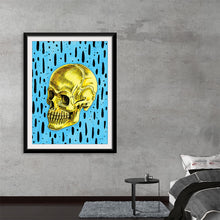  This striking artwork, available as a print, seamlessly marries the macabre and the mesmerizing. At its center is a meticulously detailed golden-hued skull, set against a vibrant turquoise backdrop adorned with black vertical streaks resembling rain or paint drips. The contrast between the golden skull and the vibrant background creates a visually striking effect, making this piece a captivating blend of life and death rendered with exquisite artistry.