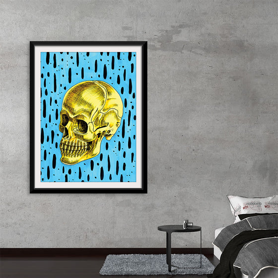 This striking artwork, available as a print, seamlessly marries the macabre and the mesmerizing. At its center is a meticulously detailed golden-hued skull, set against a vibrant turquoise backdrop adorned with black vertical streaks resembling rain or paint drips. The contrast between the golden skull and the vibrant background creates a visually striking effect, making this piece a captivating blend of life and death rendered with exquisite artistry.