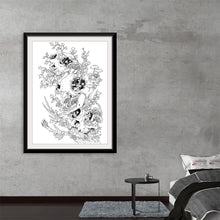 This artwork, available as a premium print, is a stunning exploration of the cycle of life and death. At its center is a meticulously detailed animal skull, around which blossoms a vibrant ecosystem of flowers and mushrooms. The black-and-white line drawing style adds a layer of depth and intrigue, making this piece a captivating addition to any collection.