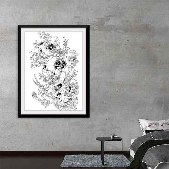 This artwork, available as a premium print, is a stunning exploration of the cycle of life and death. At its center is a meticulously detailed animal skull, around which blossoms a vibrant ecosystem of flowers and mushrooms. The black-and-white line drawing style adds a layer of depth and intrigue, making this piece a captivating addition to any collection.