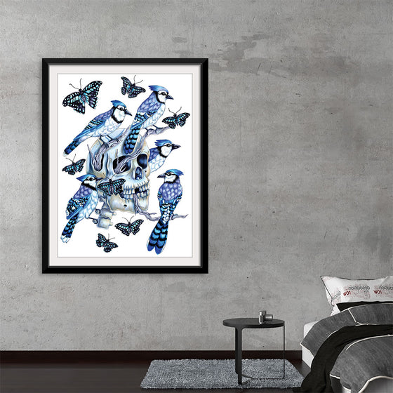 Dive into the enigmatic dance of life and death with this mesmerizing artwork, now available as a premium print. A symphony of vibrant blue jays and butterflies, symbols of vitality and transformation, encircle an intricately detailed skull - a stark yet beautiful reminder of our ephemeral existence. Every brushstroke weaves a narrative of contrast and harmony, making this piece a compelling addition to any space seeking depth and conversation. 