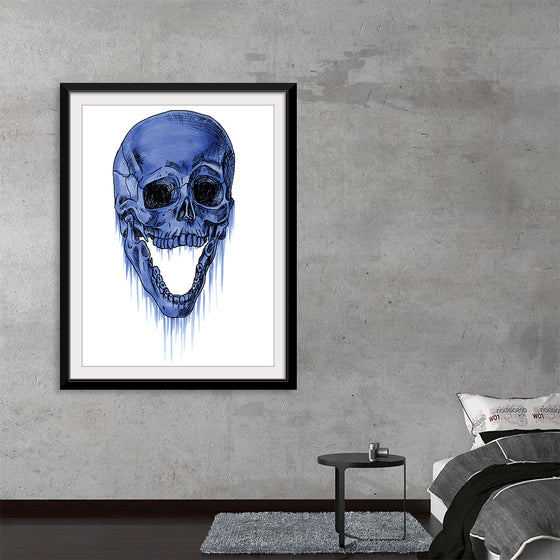 Dive into the enigmatic allure of this captivating artwork, a print that seamlessly melds the macabre and the beautiful. The intricate detailing of a skull is rendered in haunting shades of blue, its form dissolving into an ethereal cascade of ink-like strokes. This piece promises to be a conversation starter, evoking deep reflections on mortality and the ephemeral nature of beauty.