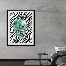  “Zebra Pattern” by Marta Tesoro is a mesmerizing artwork that seamlessly blends the enigmatic allure of a meticulously detailed green skull with the hypnotic charm of black and white zebra stripes. Every stroke, every detail, is a testament to Tesoro’s masterful artistry. This piece promises not just a visual spectacle but an immersive experience that beckons viewers into a dance between life and art. 