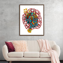  “Quarantine” by Marta Tesoro is a captivating artwork that encapsulates the complex emotions and experiences of isolation. The piece, available as a high-quality print, features an intricate red webbing that surrounds a vibrant mix of teal and golden elements, symbolizing both the confinement and the rich inner life discovered during quarantine. 