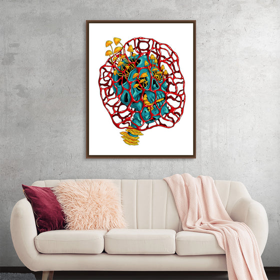 “Quarantine” by Marta Tesoro is a captivating artwork that encapsulates the complex emotions and experiences of isolation. The piece, available as a high-quality print, features an intricate red webbing that surrounds a vibrant mix of teal and golden elements, symbolizing both the confinement and the rich inner life discovered during quarantine. 