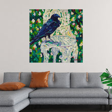  In Melissa Read Devine's vibrant "The Throne," a mischievous raven perches atop a whimsical, white chair, reimagining the concept of royalty. The bird's confident posture and the lush, colorful backdrop create a sense of playful charm. This captivating print is a delightful addition to any home, bringing a touch of whimsy and a hint of the unexpected.