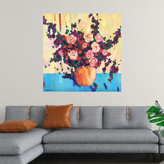 "To Delight is to Desire" is a captivating explosion of color and life. The artist's bold brushstrokes capture the essence of a vibrant bouquet, with delicate roses in shades of pink and red contrasting beautifully against the rich purple accents. 