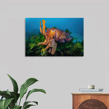  Dive into the mesmerizing depths of the ocean with this exquisite print of a cuttlefish in its natural environment. The artwork captures the majestic creature gliding effortlessly over a bed of sea greens, its tentacles unfurled in a display of agility and power.