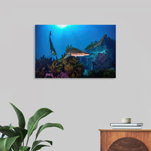  Dive into the depths of the ocean with this mesmerizing print of a sleek shark gliding through its vibrant underwater kingdom. The artwork captures the shark’s graceful movement amidst the intricate coral formations, creating a dynamic scene that is both serene and full of life. 