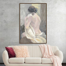  Immerse yourself in the serene beauty of this exquisite artwork, now available as a premium print. This painting captures the tender moment of solitude and introspection. The delicate brush strokes reveal a figure, their back turned, enveloped in soft light that dances around their form, illuminating the gentle curves and the graceful poise. 