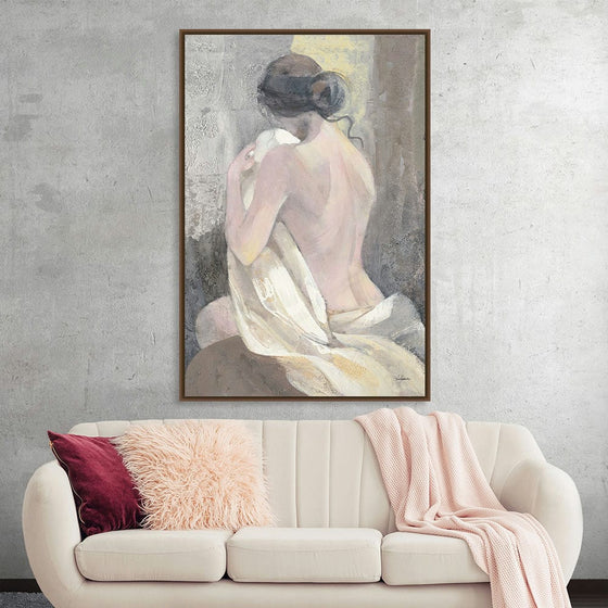 Immerse yourself in the serene beauty of this exquisite artwork, now available as a premium print. This painting captures the tender moment of solitude and introspection. The delicate brush strokes reveal a figure, their back turned, enveloped in soft light that dances around their form, illuminating the gentle curves and the graceful poise. 