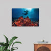 “Underwater Animals – Divers Above the Corals” by Victor Hawk invites you to plunge into the serene and mesmerizing depths of the ocean. This exquisite print captures the ethereal dance of light and shadow as divers explore the vibrant, teeming life of a coral reef. Every detail, from the delicate sway of the corals to the graceful movements of the divers, is rendered with stunning clarity and color. 