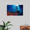 “Underwater Animals – Divers Above the Corals 2” by Victor Hawk invites you to plunge into the mystical depths of the ocean. This exquisite print captures the serene beauty of underwater life, juxtaposed with the adventurous spirit of divers exploring this hidden world. The vibrant corals, teeming with life, are illuminated by beams of sunlight piercing through the water’s surface, casting an ethereal glow on the divers above. 