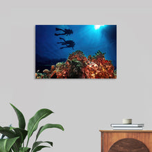  “Underwater Animals – Divers Above the Corals 3” by Victor Hawk invites you to plunge into the serene and mesmerizing depths of the ocean. This exquisite print captures the ethereal beauty of marine life, showcasing a vibrant coral reef teeming with life and color. Silhouettes of divers explore this underwater sanctuary, illuminated by a piercing ray of sunlight that unveils the intricate details and vivid hues of the corals. 