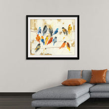  “Town Meeting” by Albena Hristova invites you to a whimsical gathering of vibrant birds perched on delicate lines. Each brushstroke dances with hues, from warm golden tones to cool blues, creating a visual symphony. Framed and ready to adorn your walls, this artwork is more than a piece—it’s an experience. 