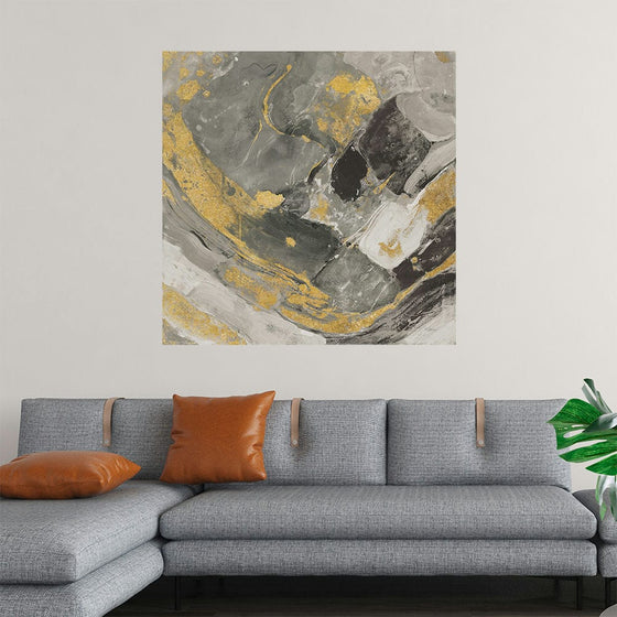 Immerse yourself in the ethereal beauty of “Arroyo Gold and Black” by Albena Hristova. This exquisite piece, available as a print, captures the harmonious dance of golden hues and deep blacks mingling amidst gentle grays, evoking a sense of serene elegance. 