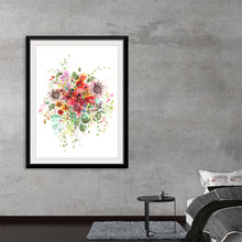  This exquisite art print, a symphony of watercolors, brings a mesmerizing bouquet to life. Each petal, leaf, and bloom is rendered with meticulous detail, capturing the ephemeral beauty of flowers in full blossom. The harmonious dance of colors—ranging from passionate reds and gentle pinks to calming greens and yellows—invokes a sense of rejuvenation and natural splendor. 