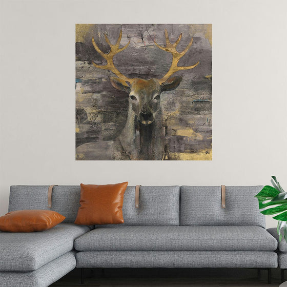 “The Leader Gold” by Albena Hristova invites you to a realm of majestic elegance. This captivating print captures the regal stance of a stag, its antlers sprawling like golden branches against a textured backdrop. Each brushstroke tells a tale of power and grace, evoking emotions that resonate beyond the canvas.