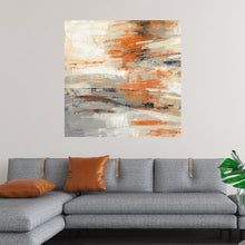  “Golden-Dust-Crop-Orange” by Silvia Vassileva invites you into a world where warm oranges and gentle whites converge in an abstract dance. This mesmerizing piece weaves a tale of autumnal landscapes and golden sunsets, each brushstroke revealing layers of emotion and complexity. Hung on a light-colored wall above a grey sofa, it exudes sophistication and warmth. 