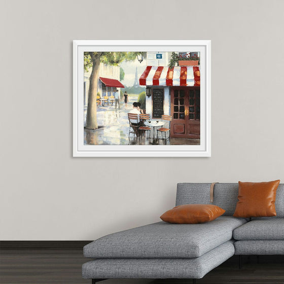 Relaxing at the Cafe II Crop by James Wiens is a charming oil painting that captures the romantic ambiance of a Parisian cafe. The vibrant red awning, the Eiffel Tower peeking through the trees, and the intimate couple enjoying a leisurely meal create a sense of timeless elegance. This print is perfect for adding a touch of French flair to any space, inviting you to dream of strolling along the cobblestone streets of Paris.