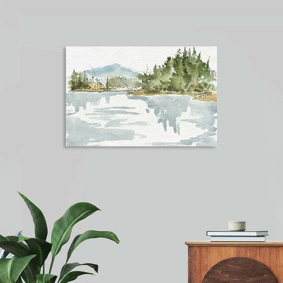 “Serene Lake I” by Anne Tavoletti: Immerse yourself in the tranquil beauty of this exquisite print. Capturing a peaceful lakeside scene, where the gentle ripples of water reflect the lush greenery and distant mountains with an almost ethereal quality. T