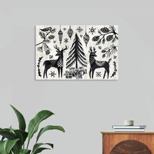  “Woodcut Christmas I” by Daphne Brissonnet invites you into a world of enchantment and winter magic. This exquisite print captures the serene beauty of the season through intricate woodcut designs. Two majestic deer, adorned with ornate patterns, stand amidst a magical forest of pine trees and falling snowflakes, evoking a sense of peace and harmony. 